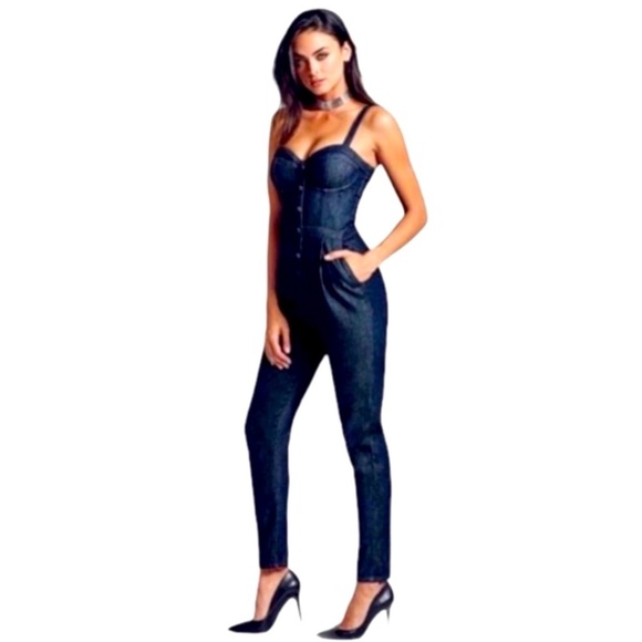 NEW GUESS Vintage Dark Denim Sweetheart Neckline Sleeveless Jumpsuit 29 - Picture 5 of 17
